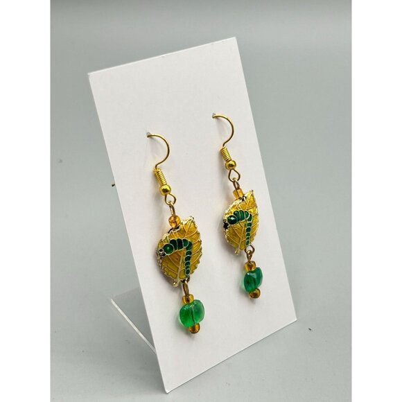 Vintage Enamel Caterpillar on Golden Leaf Dangle Earrings with Bead Accents - Picture 3 of 7